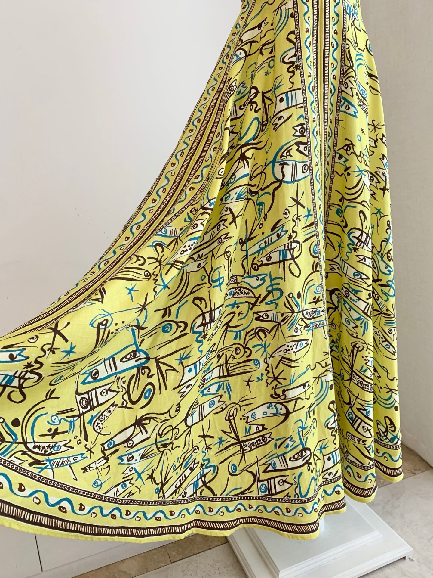 Alemais Yellow Abstract Sea Print Spaghetti Strap Maxi Dress Soft Linen Vacation Attire 2609025AL