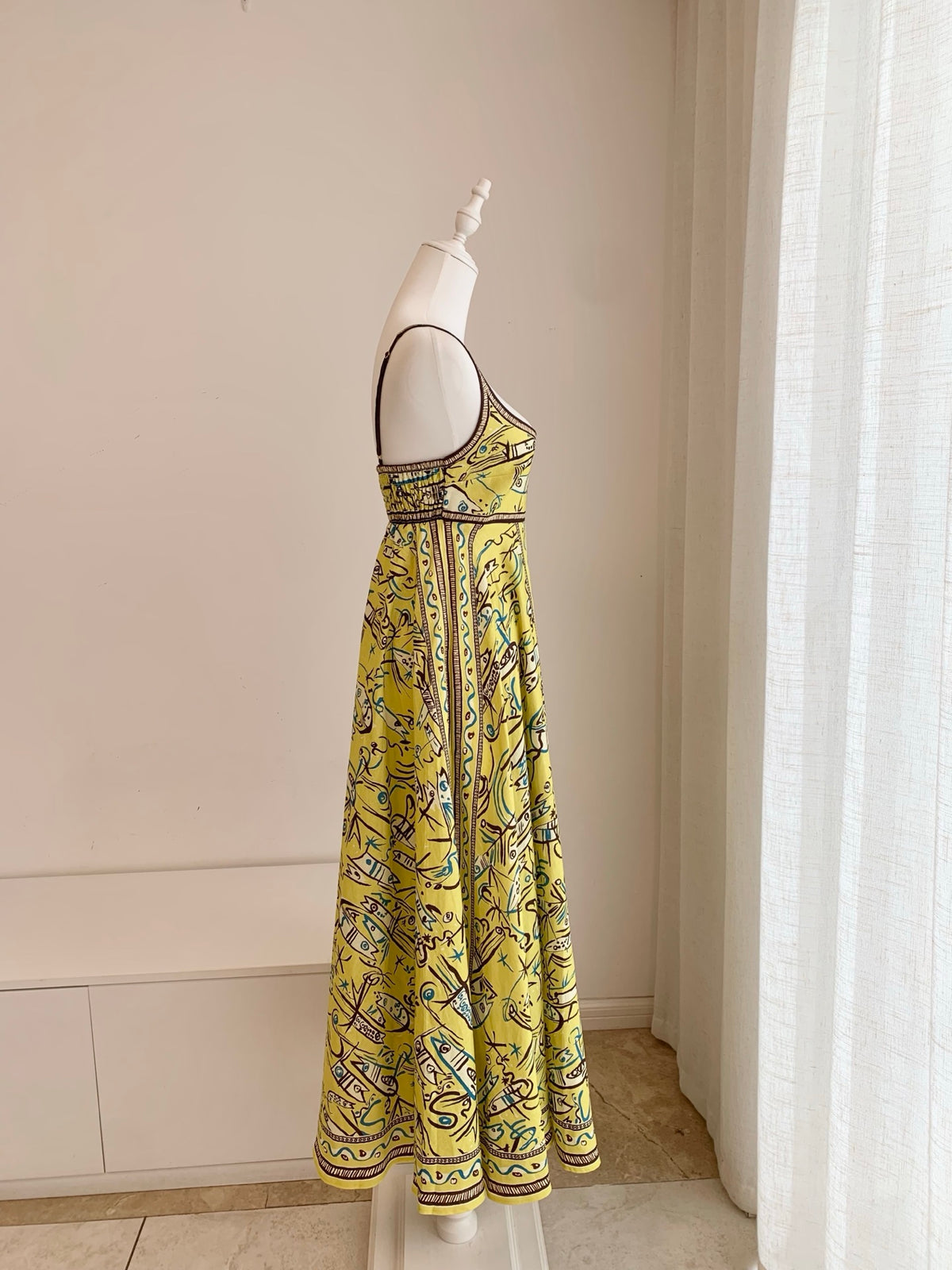 Alemais Yellow Abstract Sea Print Spaghetti Strap Maxi Dress Soft Linen Vacation Attire 2609025AL