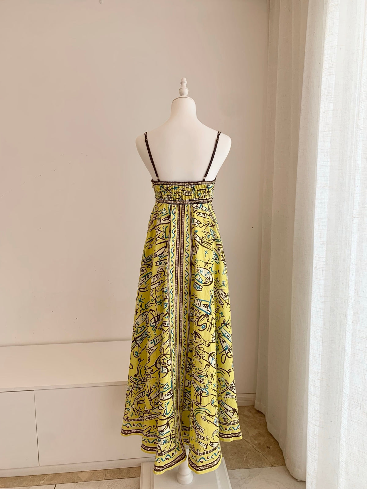 Alemais Yellow Abstract Sea Print Spaghetti Strap Maxi Dress Soft Linen Vacation Attire 2609025AL