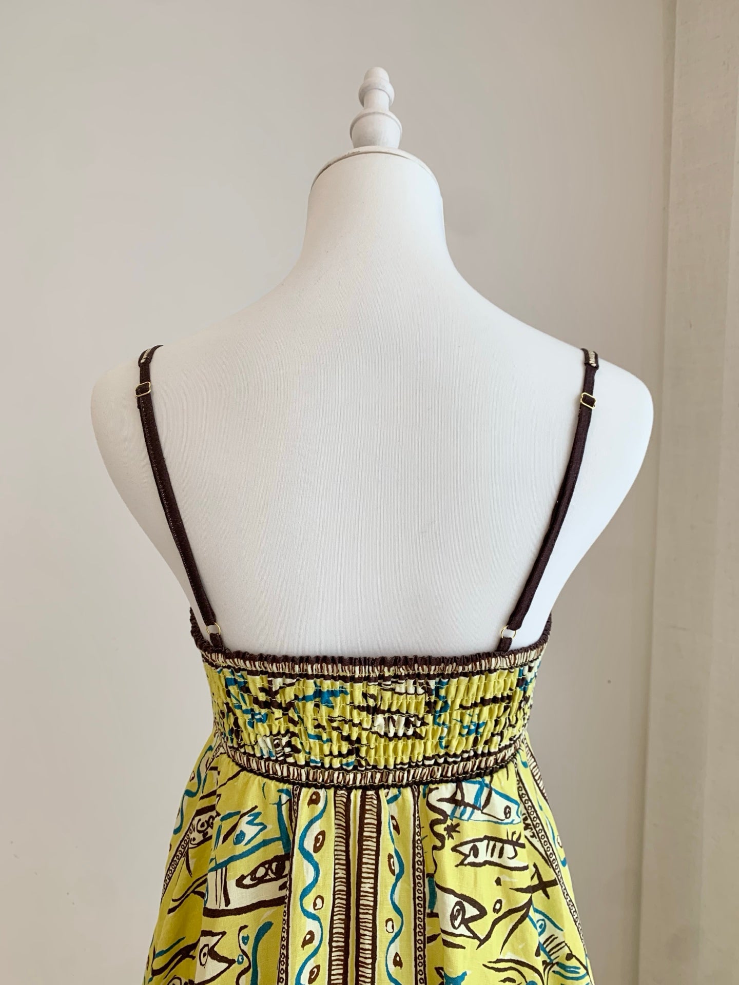Alemais Yellow Abstract Sea Print Spaghetti Strap Maxi Dress Soft Linen Vacation Attire 2609025AL