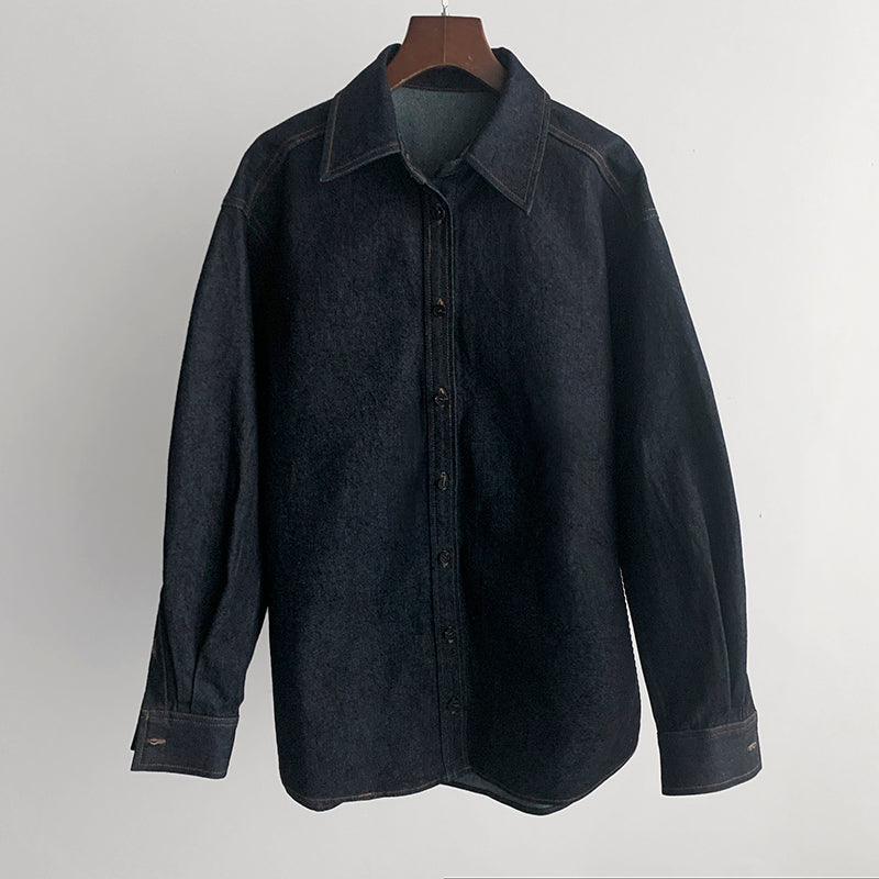 Toteme Women Oversized Dark Raw Denim Shirt 100% Cotton Relaxed Long Sleeve Blouse 2609082TT