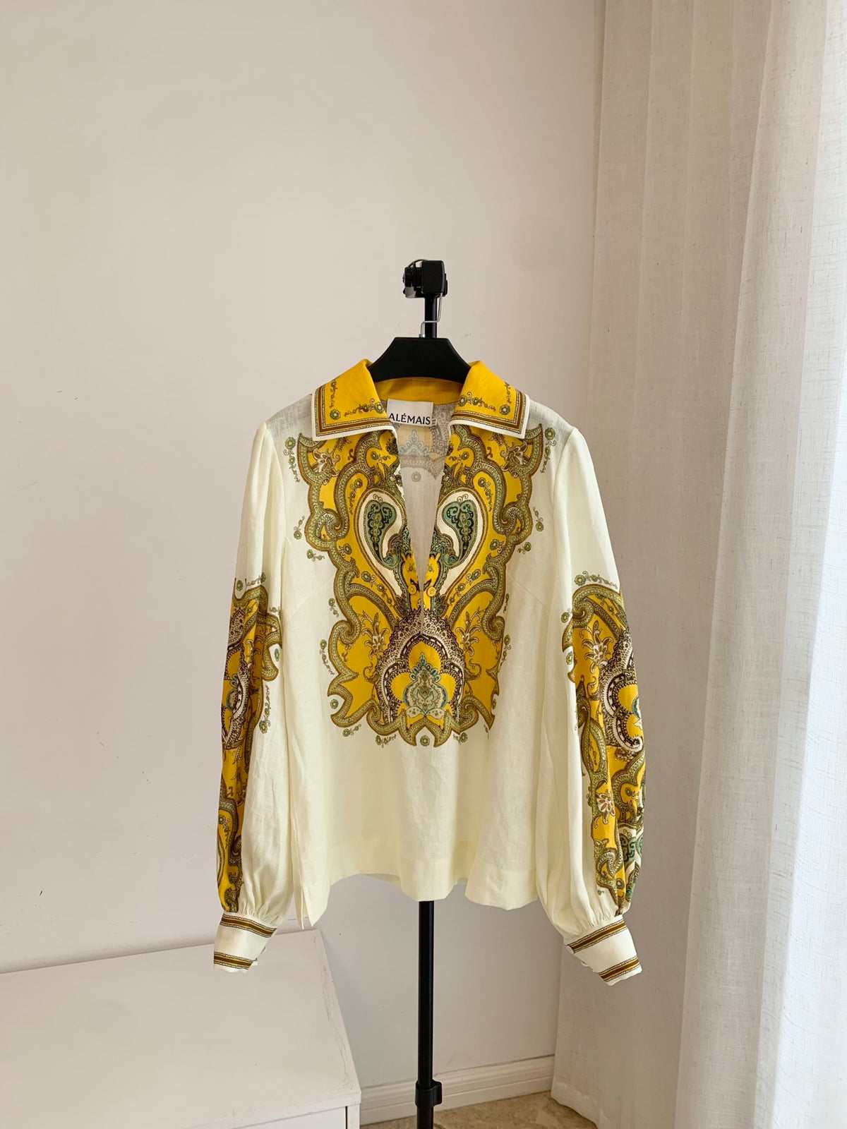 Alemais Modest Vacation Linen Two Piece Outfit Paisley Printed Blouse & Pants 2609022AL