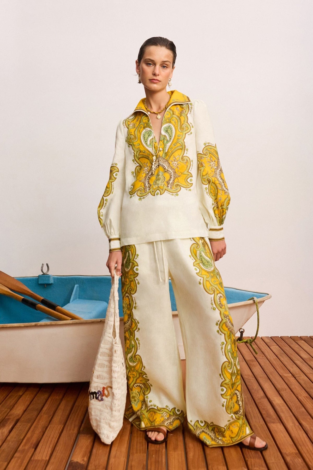 Alemais Modest Vacation Linen Two Piece Outfit Paisley Printed Blouse & Pants 2609022AL
