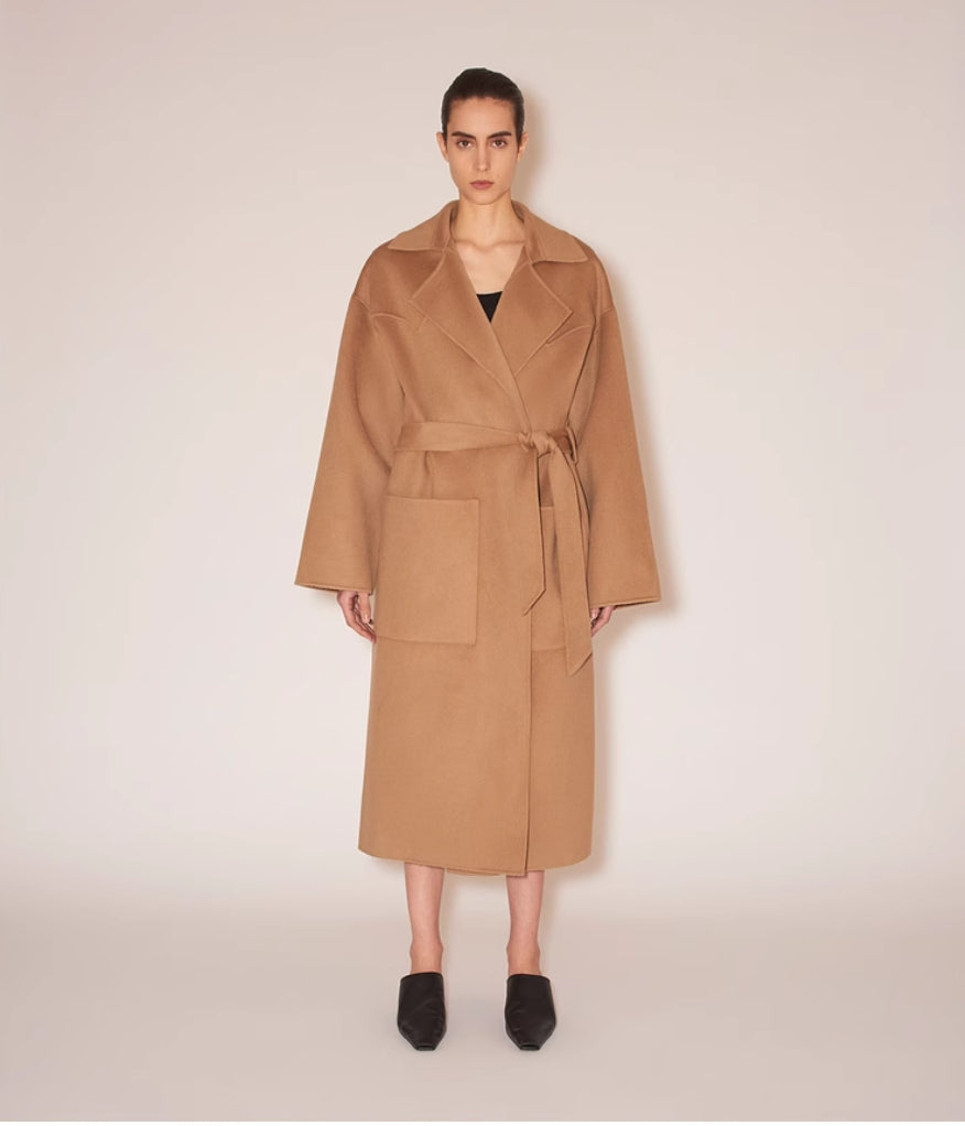 2411068Nan Nanushka Winter Midi Coat Wool Khaki Button-Free Belted Oversize Pocket Drop Shoulder