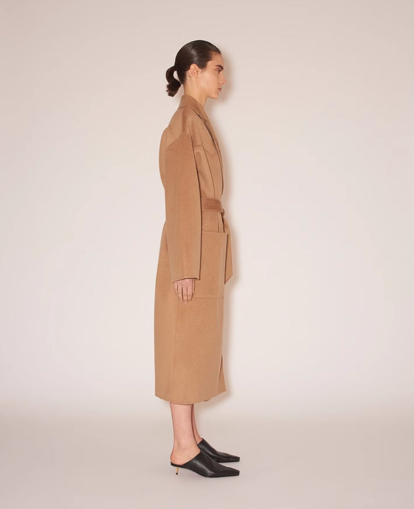 2411068Nan Nanushka Winter Midi Coat Wool Khaki Button-Free Belted Oversize Pocket Drop Shoulder