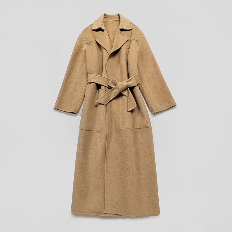 2411068Nan Nanushka Winter Midi Coat Wool Khaki Button-Free Belted Oversize Pocket Drop Shoulder