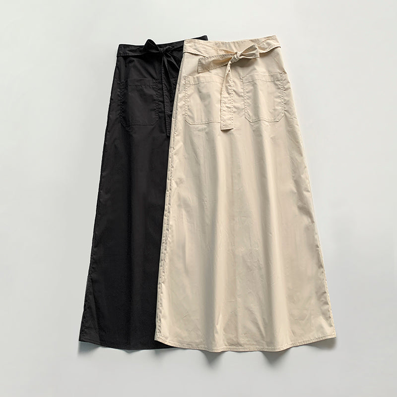 Toteme Tie-waist cotton skirt Patch pockets back zipper beige black solid color ankle length straigh hem