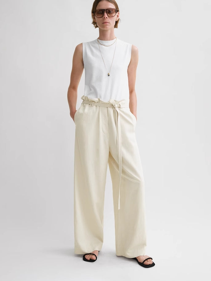 Toteme Fluid tie-waist trousers black beige color long length wide leg side pocket viscose linen TT_052703