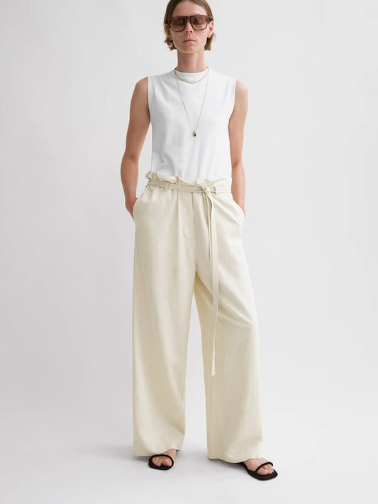 Toteme Fluid tie-waist trousers black beige color long length wide leg side pocket viscose linen TT_052703