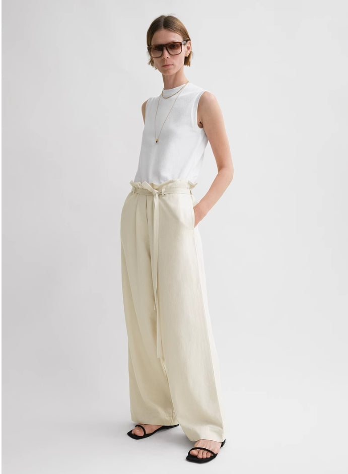 Toteme Fluid tie-waist trousers black beige color long length wide leg side pocket viscose linen TT_052703