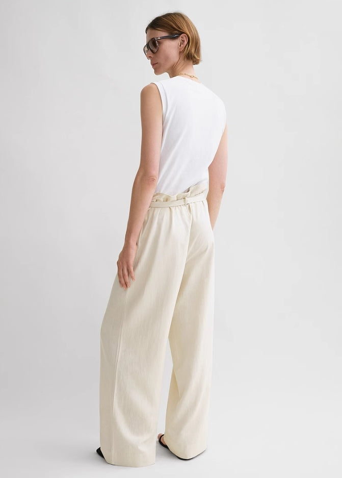 Toteme Fluid tie-waist trousers black beige color long length wide leg side pocket viscose linen TT_052703