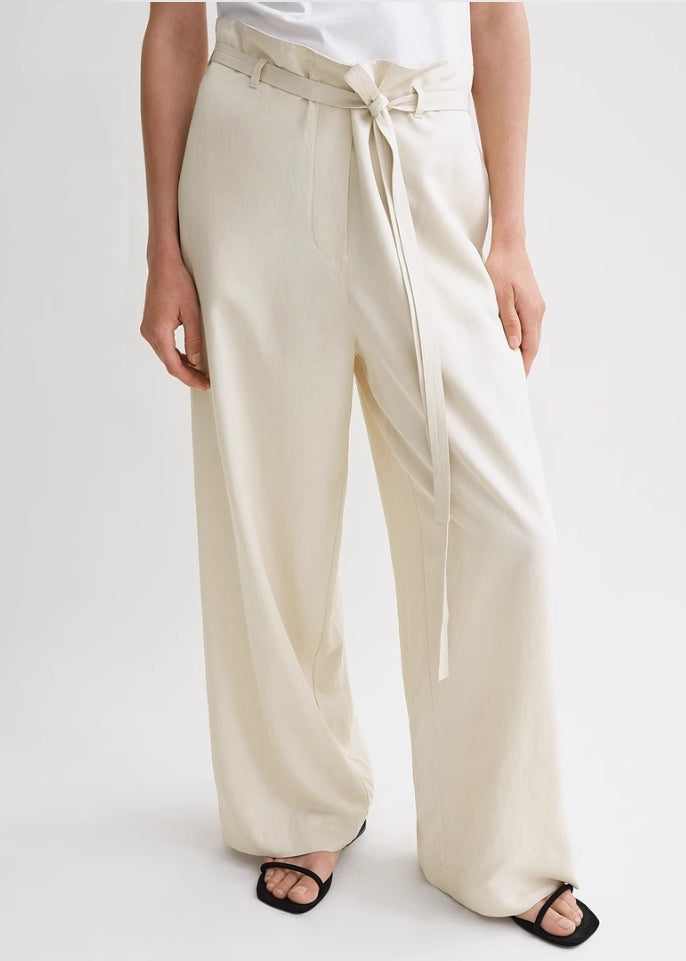 Toteme Fluid tie-waist trousers black beige color long length wide leg side pocket viscose linen TT_052703