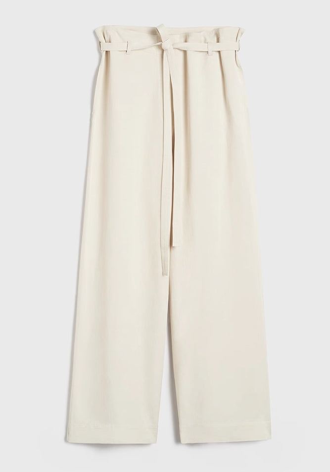 Toteme Fluid tie-waist trousers black beige color long length wide leg side pocket viscose linen TT_052703