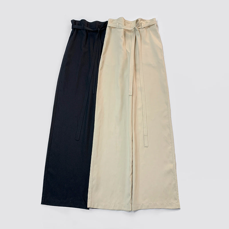 Toteme Fluid tie-waist trousers black beige color long length wide leg side pocket viscose linen TT_052703