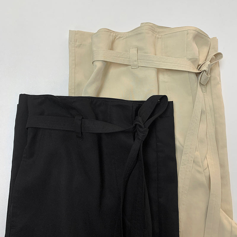 Toteme Fluid tie-waist trousers black beige color long length wide leg side pocket viscose linen TT_052703