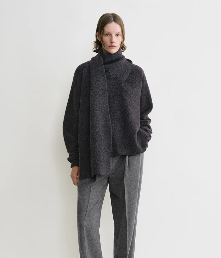 Toteme attached-scarf sweater knitted wool blended brown gray drop shoulder long sleeve 2410017TT