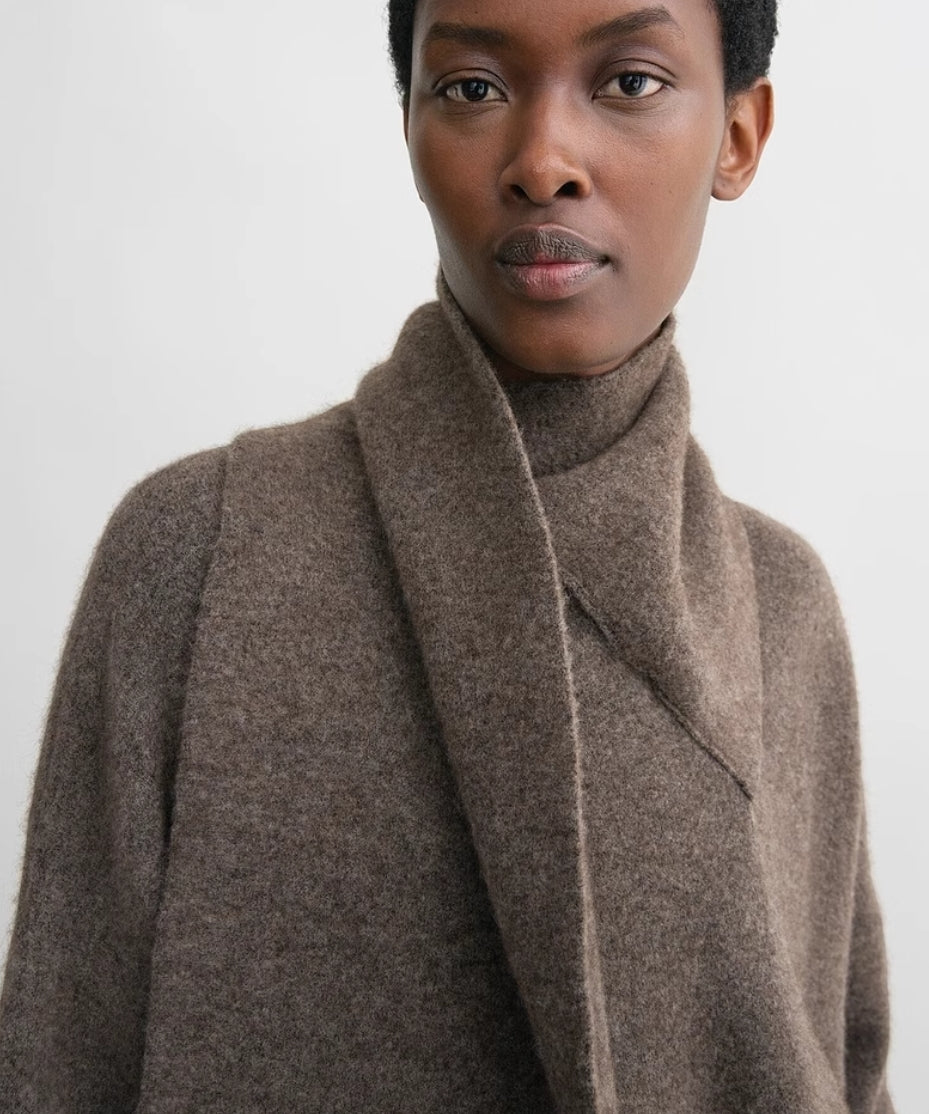 Toteme attached-scarf sweater knitted wool blended brown gray drop shoulder long sleeve 2410017TT