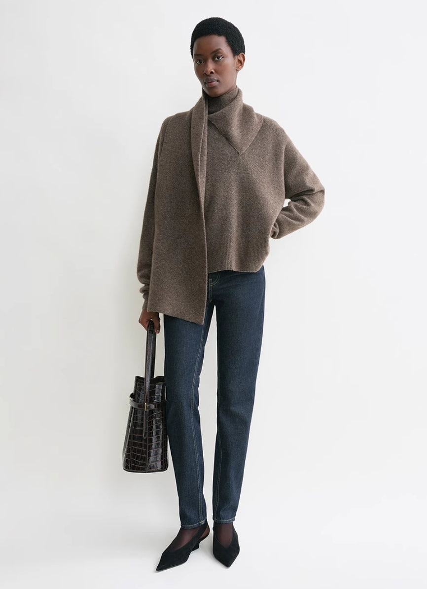 Toteme attached-scarf sweater knitted wool blended brown gray drop shoulder long sleeve 2410017TT