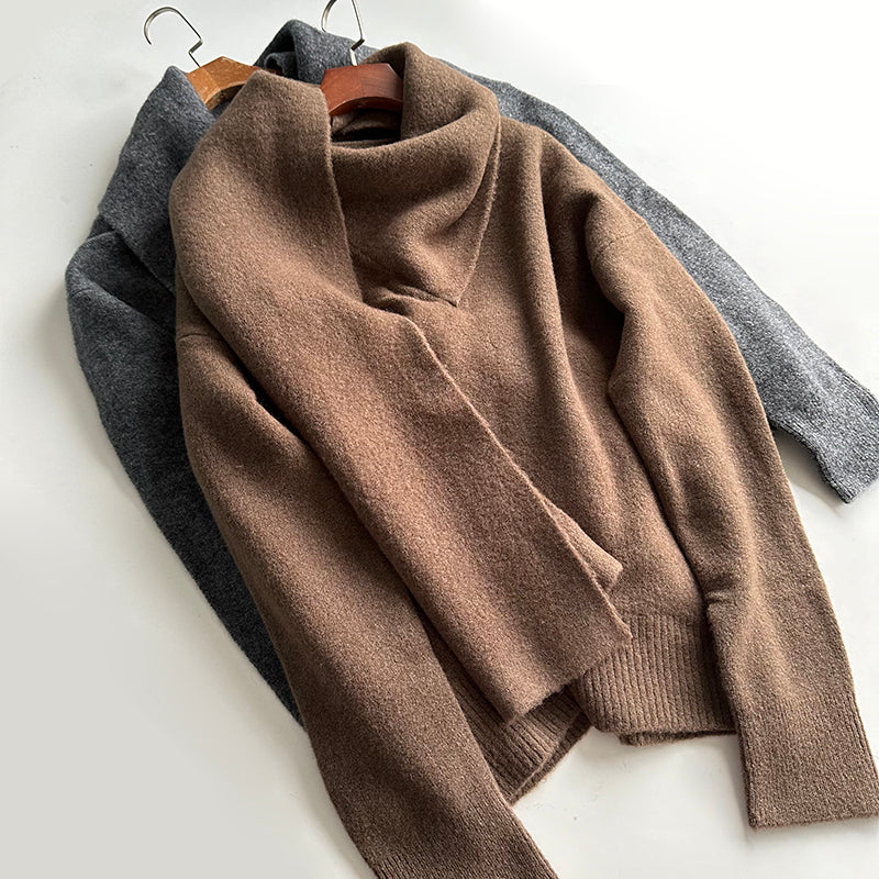 Toteme attached-scarf sweater knitted wool blended brown gray drop shoulder long sleeve 2410017TT